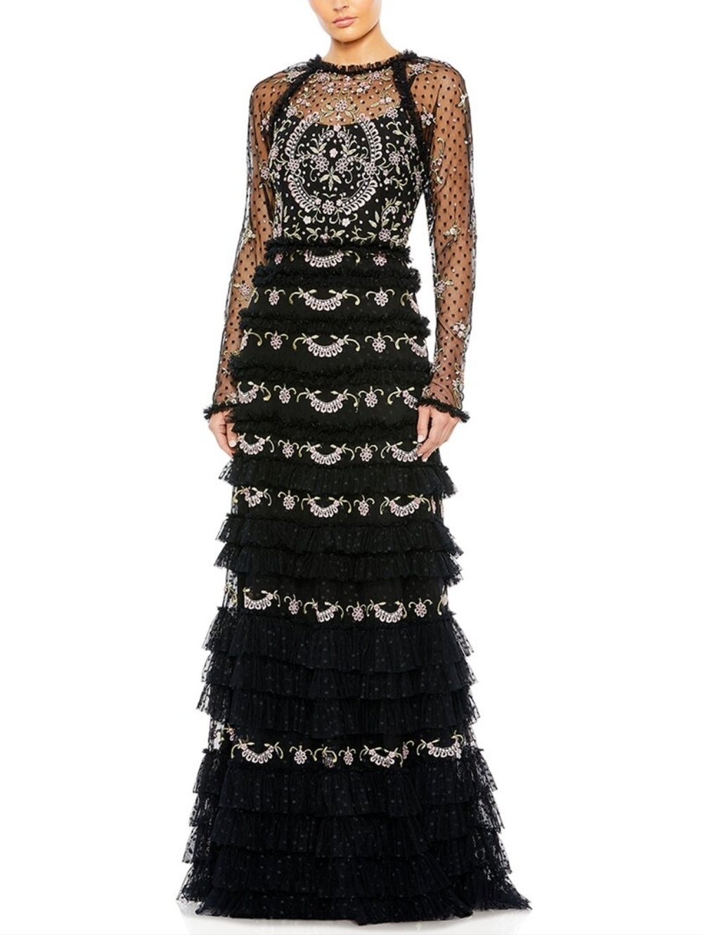 Mac Duggal Black Embellished Sheer-Sleeve Tiered Ruffle Maxi Dress size 4